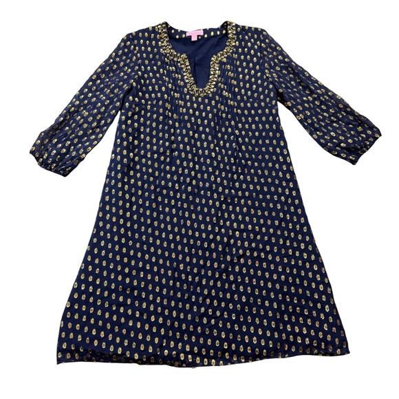 Lilly Pulitzer Size 0 Navy Blue and Gold Silk Colby Beaded Tunic Dress - Picture 2 of 8